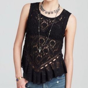 Free People Dark Bloom Tank Top Black Lace Ruffle Blouse Romantic Fairy Grunge